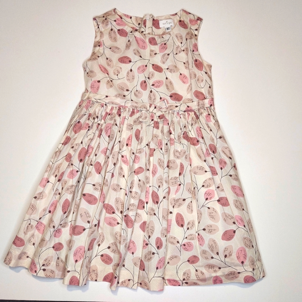 3T Neige cotton cream and pink leaf pattern dress